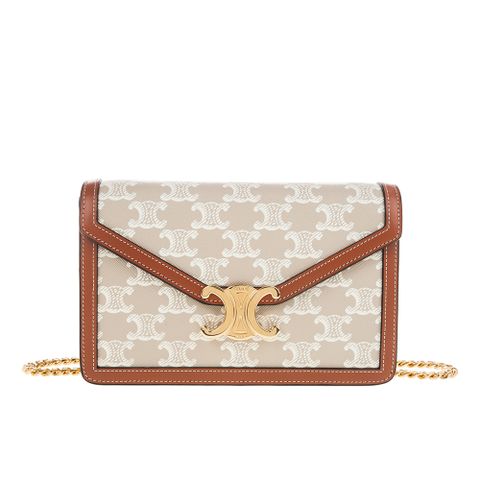 CELINE 新款TRIOMPHE帆布印花牛皮革邊飾凱旋門LOGO金釦鍊帶斜背包 (米棕色)
