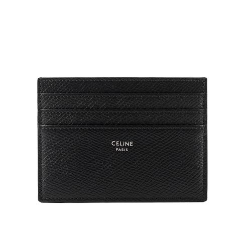 CELINE 銀字燙印粒紋小牛皮6卡名片夾/卡片夾(黑色)