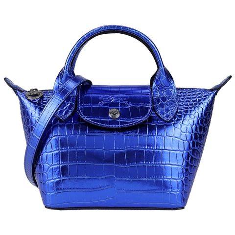 LONGCHAMP LE PLIAGE CUIR系列鱷魚紋牛皮短把兩用水餃包(迷你/寶藍)