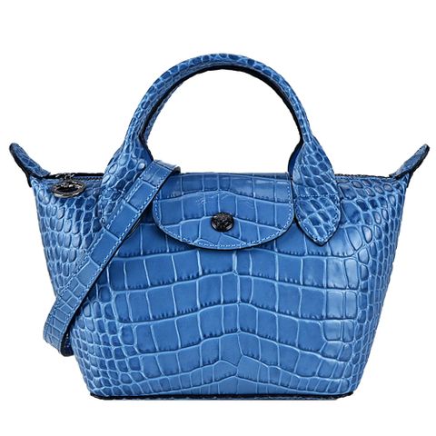 LONGCHAMP LE PLIAGE CUIR系列鱷魚紋牛皮短把兩用水餃包(迷你/暗灰藍)