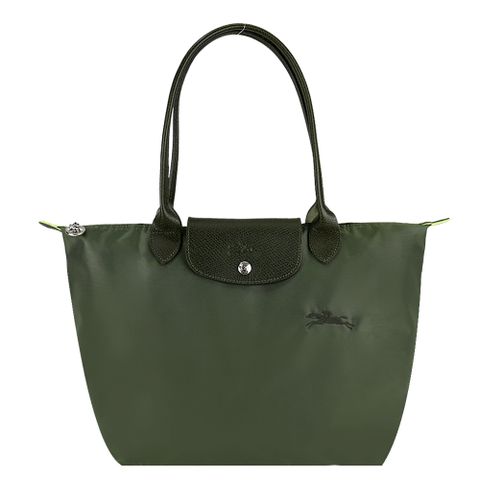 Longchamp LE PLIAGE GREEN系列刺繡長把再生尼龍摺疊水餃包(小/森林綠)