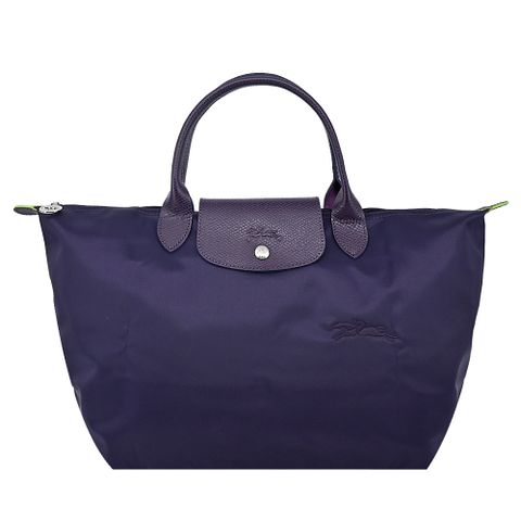 Longchamp LE PLIAGE GREEN系列刺繡短把再生尼龍摺疊水餃包(中/藍莓)