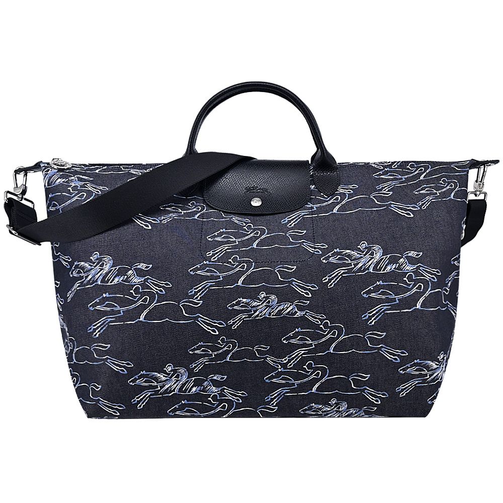 Longchamp  LE PLIAGE COLLECTION系列駿馬塗鴉丹寧布兩用旅行袋(海軍藍)