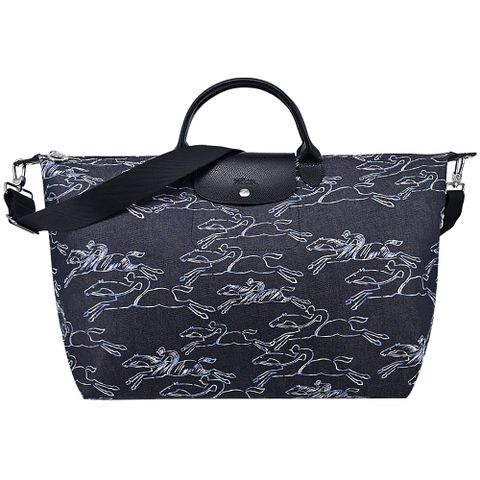 Longchamp LE PLIAGE COLLECTION系列駿馬塗鴉丹寧布兩用旅行袋(海軍藍)