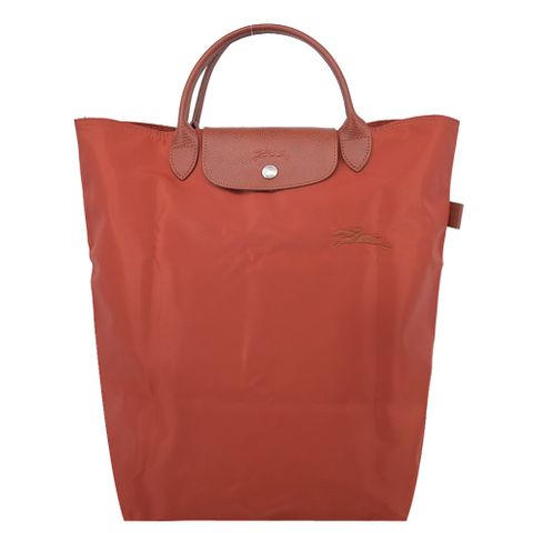 LONGCHAMP LE PLIAGE GREEN系列刺繡短把再生尼龍手提包(中/栗子紅)
