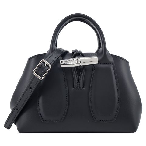 LONGCHAMP LE ROSEAU系列金屬竹節牛皮手提/斜背兩用包(迷你/黑)