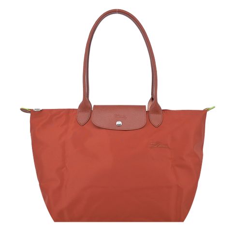 LONGCHAMP LE PLIAGE GREEN系列刺繡長把再生尼龍摺疊水餃包(大/栗子紅)