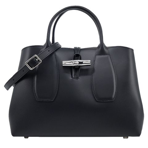 LONGCHAMP LE ROSEAU系列金屬竹節牛皮手提/斜背兩用包(中/黑)