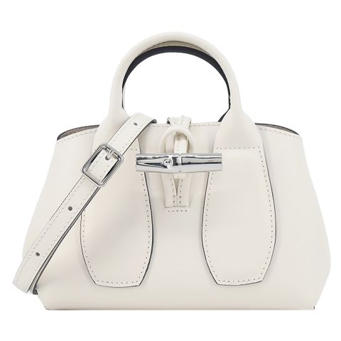 LONGCHAMP LE ROSEAU系列金屬竹節牛皮手提/斜背兩用包(迷你/白)