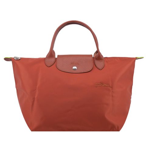 LONGCHAMP LE PLIAGE GREEN系列刺繡短把再生尼龍摺疊水餃包(中/栗子紅)