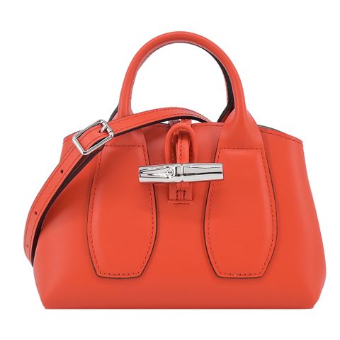 LONGCHAMP LE ROSEAU系列金屬竹節牛皮手提/斜背兩用包(迷你/紅椒)
