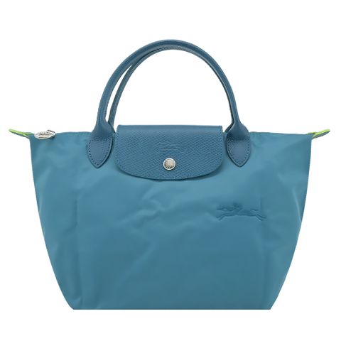 Longchamp LE PLIAGE GREEN系列刺繡短把再生尼龍摺疊水餃包(小/孔雀藍)