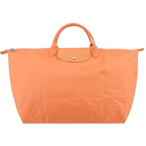 Longchamp LE PLIAGE GREEN系列刺繡短把再生尼龍摺疊旅行袋(小/橙)