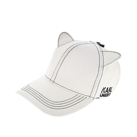 KARL LAGERFELD 新款帽沿刺繡貓耳造型棉質棒球帽 (白色)