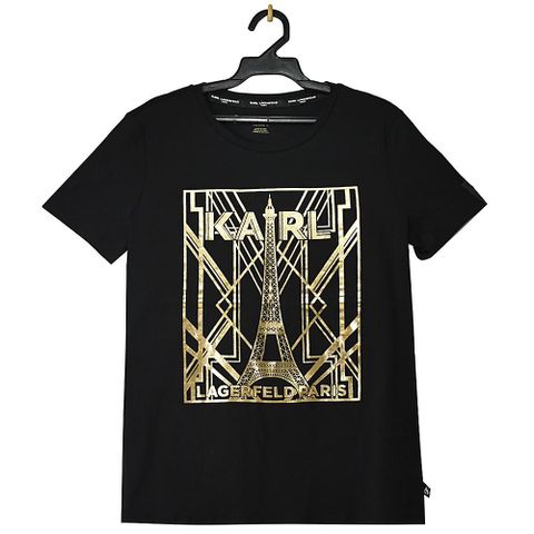 KARL LAGERFELD 卡爾 燙金鐵塔圖案棉質短T恤.黑