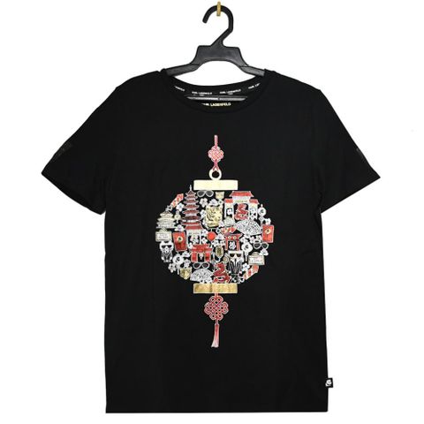 KARL LAGERFELD 卡爾 中式彩燈燙金圖案棉質短T恤.黑