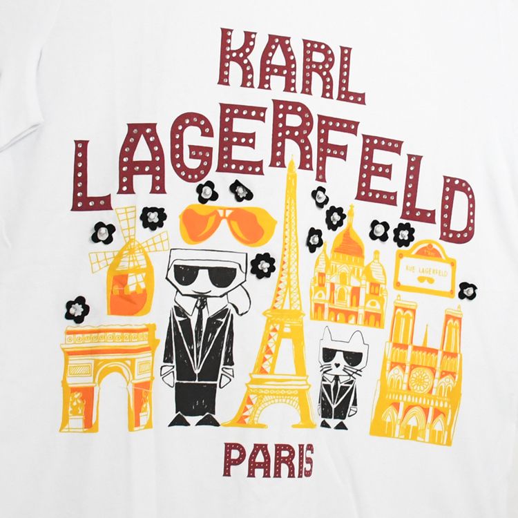 Karl Lagerfeld  卡爾 水鑽LOGO卡爾公仔棉質短T恤.白