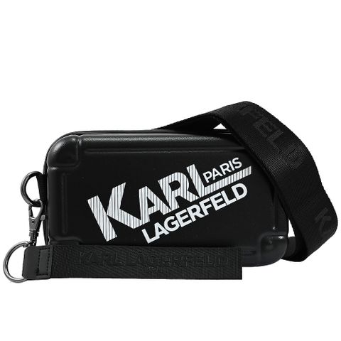 Karl Lagerfeld 卡爾 品牌印花硬殼拉鍊斜背/收納包.黑