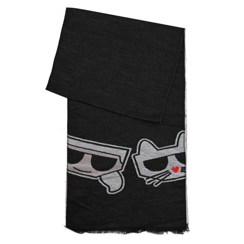 KARL LAGERFELD 卡爾 老佛爺貓咪大公仔印花長圍巾.黑