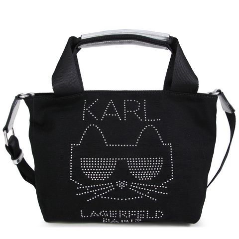 KARL LAGERFELD 水鑽小貓黑色厚織帆布兩用小托特包