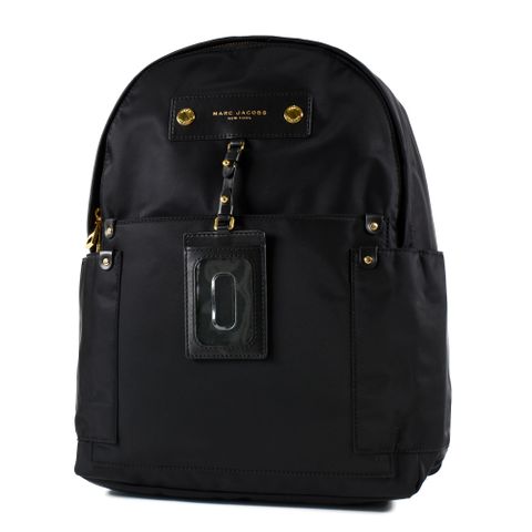 MARC JACOBS 皮革燙金LOGO尼龍雙側置物拉鍊後背包-黑色