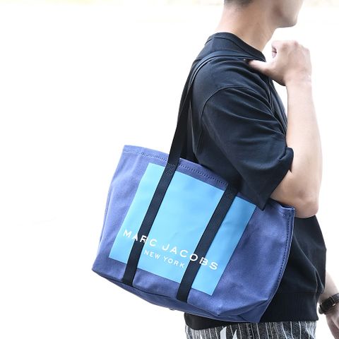 MARC JACOBS 馬克賈伯 經典LOGO帆布肩背大托特包.藍
