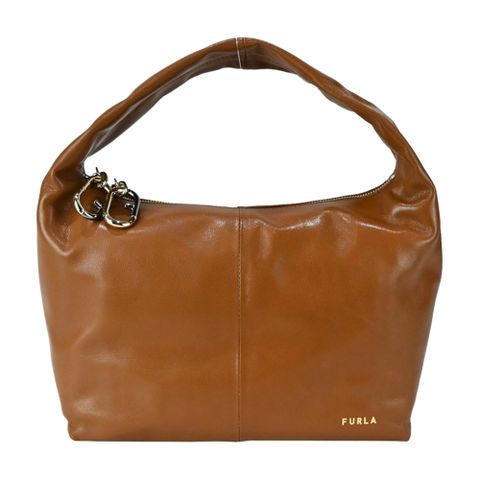 Furla GINGER 燙金LOGO皮革HOBO手提包-棕