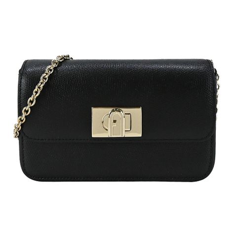 FURLA 1927 拱門轉扣荔枝紋鏈帶斜背包-黑