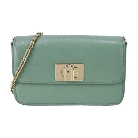 FURLA 1927 拱門轉扣荔枝紋鏈帶斜背包-湖水綠