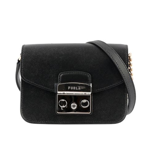 Furla Metropolis 壓紋牛皮金鍊翻蓋迷你斜背包(黑色) WB00217 ARE000 O6000