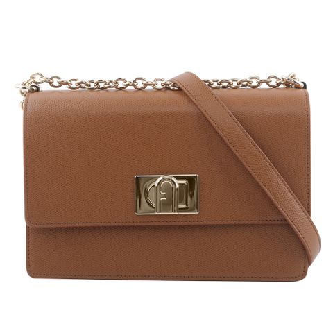 FURLA 1927 拱門轉釦小款翻蓋鏈帶二用包(白蘭地酒色) BAFIACO ARE000 03B00