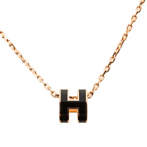 HERMES 經典Mini Pop H pendant 立體橢圓簍空項鍊 (黑/玫瑰金)
