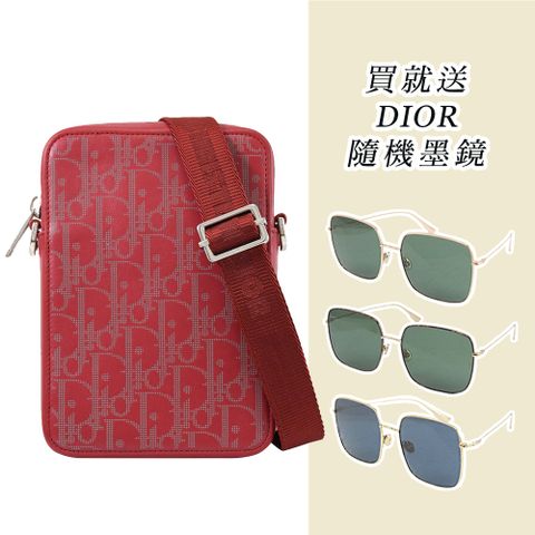 Dior 迪奧 Christian  Vertical滿版LOGO斜背方包手機包.紅 (買就送隨機墨鏡)