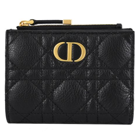 Christian Dior Dahlia 經典菱格車線小牛皮對開釦式零錢短夾.黑/金