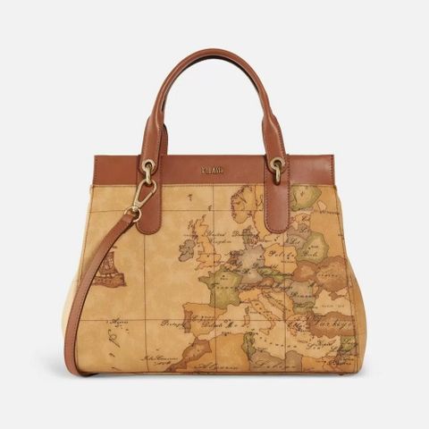 【Alviero Martini 義大利地圖包】手提肩背拉鍊醫生包32cm-地圖黃
