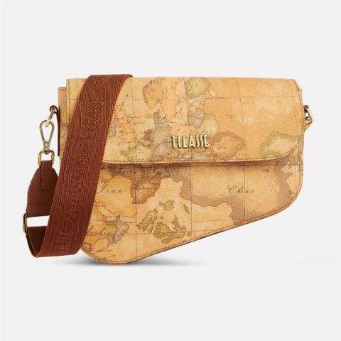 【Alviero Martini 義大利地圖包】斜角翻蓋寬背帶肩背包25cm-地圖黃