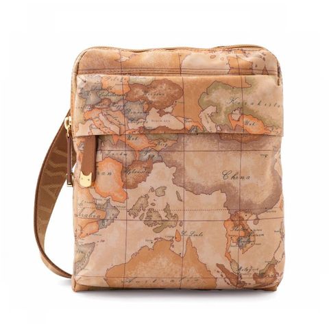 【Alviero Martini 義大利地圖包】PU尼龍拉鍊直立斜背包21.5cm-地圖黃