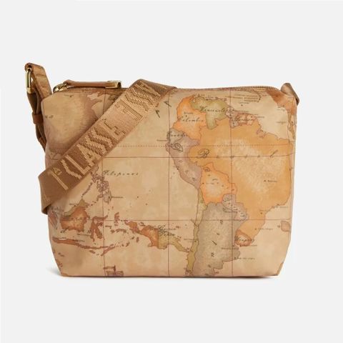【Alviero Martini 義大利地圖包】PU尼龍拉鍊斜側背小包23cm-地圖黃