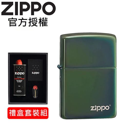 【ZIPPO官方授權店】High Polish Green Zippo Logo 綠冰變色龍防風打火機(禮盒套裝組)