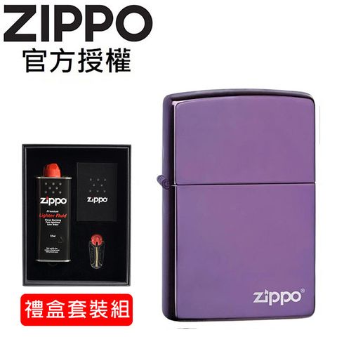 Zippo 【官方授權店】High Polish Purple Logo 炫光紫防風打火機(禮盒套裝組)
