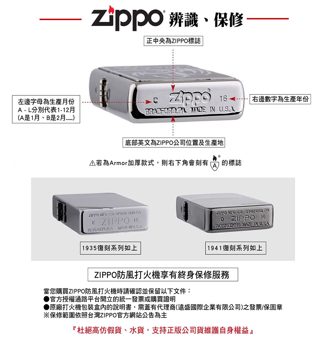 左邊字母為生產份A-L分別代表1-12月A是1月B是2月 辨識、保修正中央為ZIPPO標誌16 右邊數字為生產年份BRAFORDPA MAD IN USA底部英文為ZIPPO公司位置及生產地若為Armor加厚款式,則右下角會刻有的標誌ZIPPO . CO. BRADFORD PAE ZIPPO 151935 REPLICA MADE IN ZIPPO  CO BRADFORD PAD ZIPPO 16 2032695 MADE IN USA 1935復刻系列如上(復刻系列如上ZIPPO防風打火機享有終身保修服務當您購買ZIPPO防風打火機時請確認並保留以下文件:官方授權通路平台開立的統一發票或購買證明原廠打火機包裝盒內的說明書,需蓋有代理商(遠盛國際企業有限公司)之發票/保固章※保修範圍依照台灣ZIPPO官方網站公告為主『杜絕高仿假貨、水貨,支持正版公司貨維護自身權益』