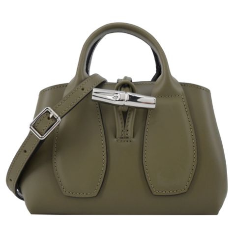 LONGCHAMP LE ROSEAU系列金屬竹節牛皮手提/斜背兩用包(迷你/卡其綠)