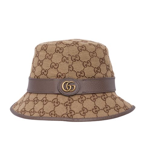 GUCCI 古馳 GG Logo 帆布及牛皮復古漁夫帽 L號(米色/棕色)