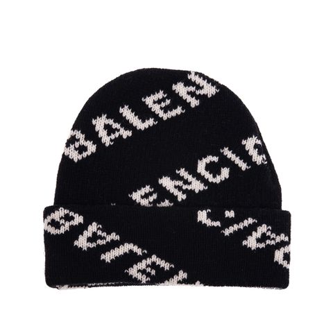 BALENCIAGA 巴黎世家經典滿版小字母LOGO羊絨毛帽 (黑色/內裏米)