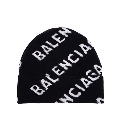 BALENCIAGA 巴黎世家經典滿版小字母LOGO純羊毛毛帽 (黑色/內裏白)