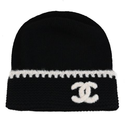 CHANEL AA9203 CC LOGO波浪滾邊喀什米爾羊毛針織毛帽.黑