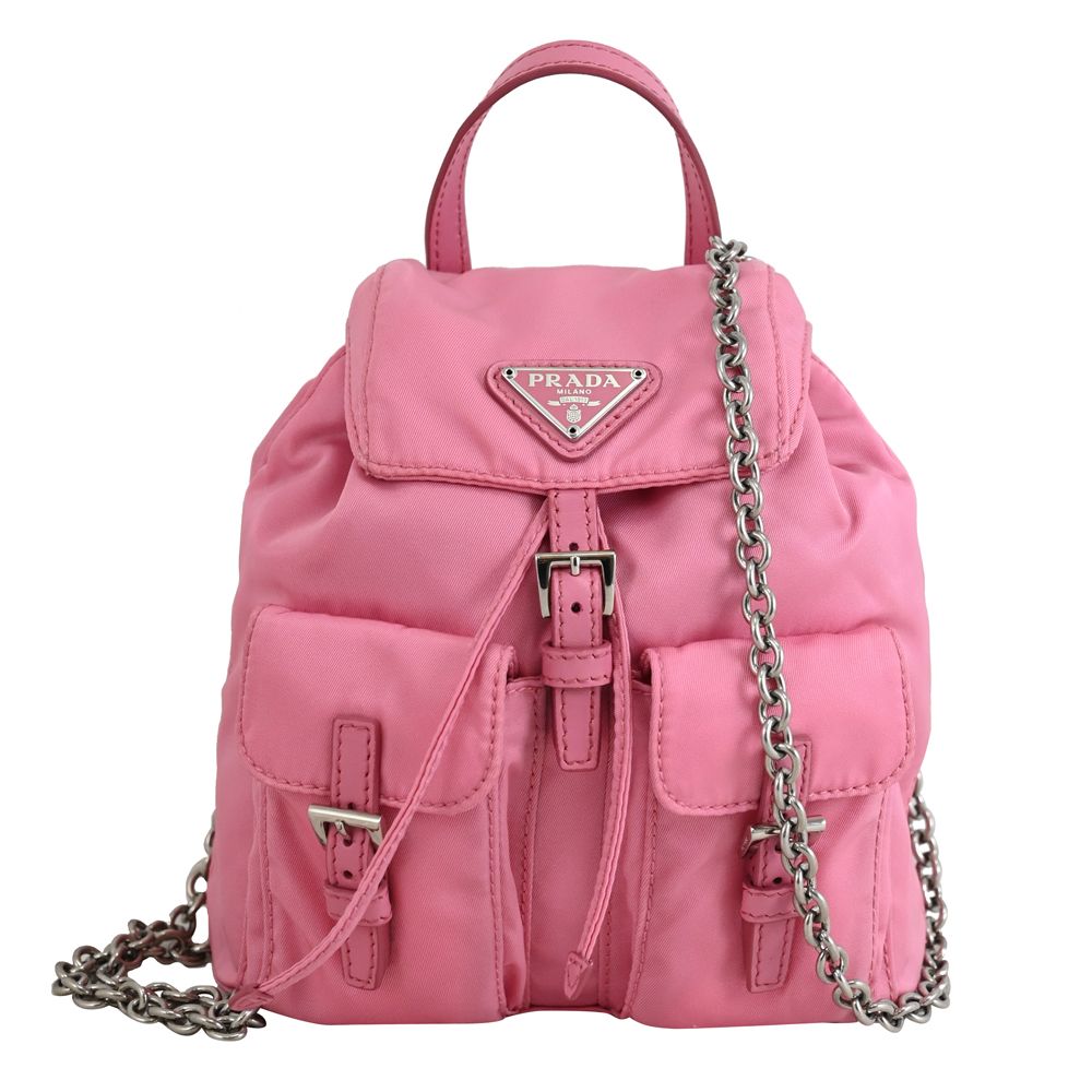 PRADA 普拉達 經典LOGO輕量尼龍迷你手提斜背兩用鍊包.亮粉