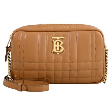 BURBERRY 8090445 Small Lola 絎縫格紋小羊皮斜背相機包.咖