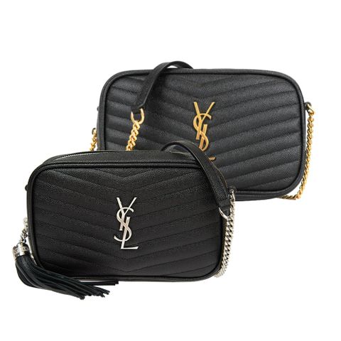 YSL  V字縫線魚子醬牛皮金屬LOGO流蘇相機包(任選)