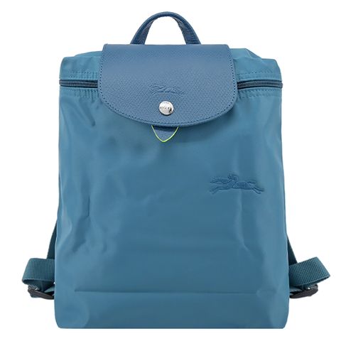 Longchamp LE PLIAGE GREEN系列刺繡再生尼龍摺疊後背包(中/孔雀藍)